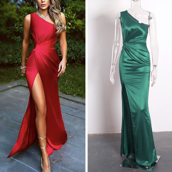 Duga satinirana luksuzna haljina na jedno rame s naborom na struku 2 BOJE