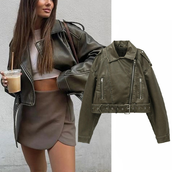 Kratka zipper kožna jakna s remenom 2 boje
