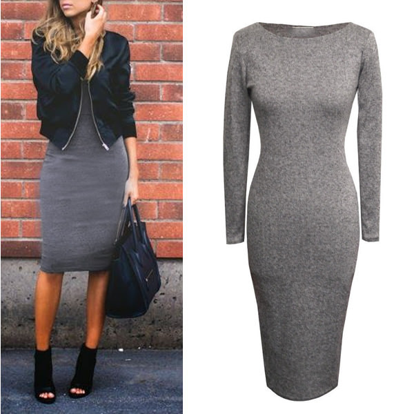 Midi casual bodycon haljina dugih rukava