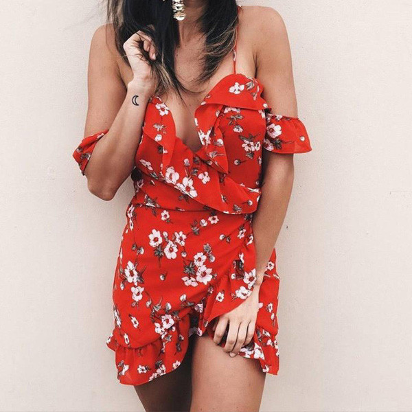 Mini crvena cvjetna haljina otvorenih ramena