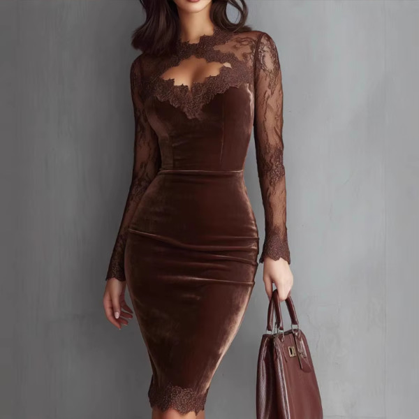 Midi baršunasta haljina s elegantnom čipkom