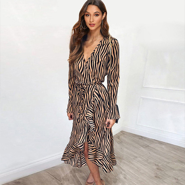 Midi prugasta asimetrična haljina na volane VELIČINA S