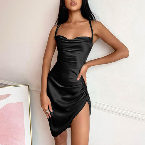 Mini nabrana haljina od satena otvorenih leđa 10 BOJA