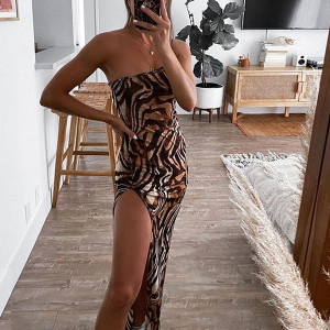 Duga haljina životinjskog uzorka s prorezom