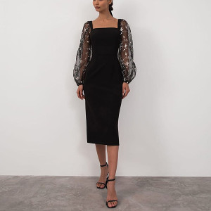 Midi haljina olovka kroja transparentnih rukava s uvezom VELIČINA L