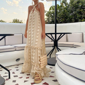 Duga haljina na volane s ispupčenim cvjetovima 6 BOJA