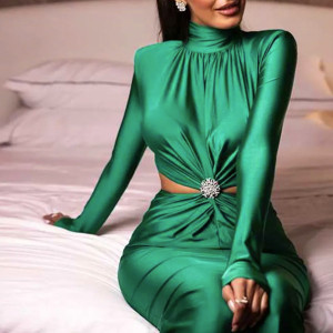 Midi haljina povišenog ovratnika s brošem na struku 3 boje