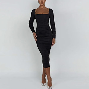 Diana midi nabrana haljina kockastog izreza