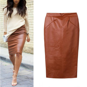 Midi pencil suknja izgleda kože crvena smeđa crna veličina M/38