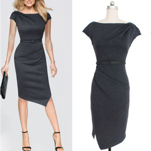 Midi asimetrična poslovna haljina s remenom