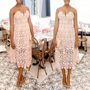 Luksuzna midi čipkana cami haljina bež