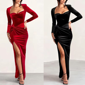 Duga svečana baršunasta haljina s dubokim prorezom 2 boje