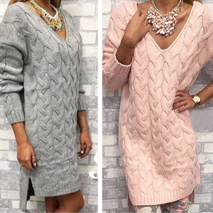 Midi pleteni asimetrični pulover s V izrezom