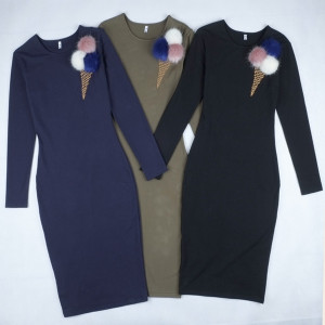 Midi casual haljina s krznenim pomponima