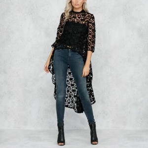Crna čipkana asimetrična bluza