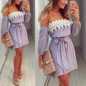 Mini off prugasta tunika haljina s izvezenim detaljima