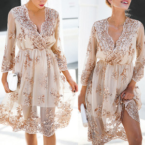 Elegantna midi večernja haljina na šljokice V izrez veličina 2XL