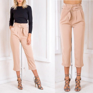 Poslovne hlače visokog struka s dekorativnim remenom