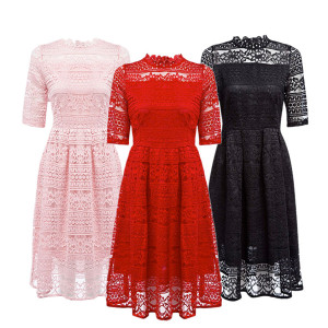 Midi elegantna večernja čipkana haljina povišenog ovratnika