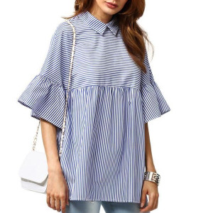 Prugasta bluza zvono rukava s kragnom