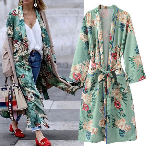 Midi cvjetni tirkizno zeleni kimono veličina standardni M