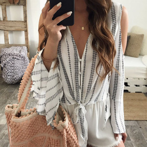 Prugasta košulja otvorenih rukava na vezanje