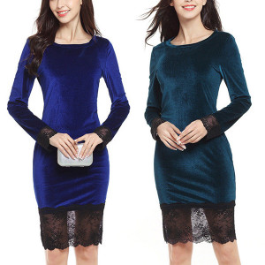 Baršunasta haljina s čipkom na rubu i rukavima 6 boja