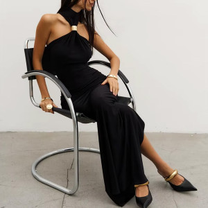 Duga svečana haljina s ukrasnom kopčom na vratu 2 boje