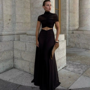 Duga Diana nabrana haljina s elegantnim tilom 2 boje