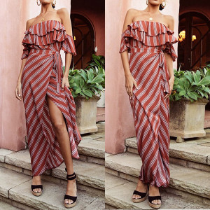 Duga pamučna haljina otvorenih ramena na pruge *limitirana kolekcija* standardni S