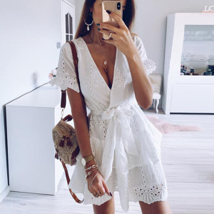 Mini vezena pamučna haljina s mašnom na volane *limitirana kolekcija* standardni S