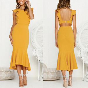 Midi haljina sirena kroja na volane S veličina