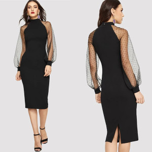 Midi haljina transparentnih rukava na točkice