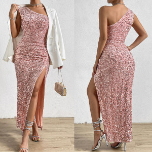 Luksuzna asimetrična šljokasta svečana haljina na jedno rame 4 BOJE