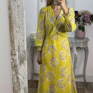 Midi cvjetna haljina dugih rukava preklopnog izgleda