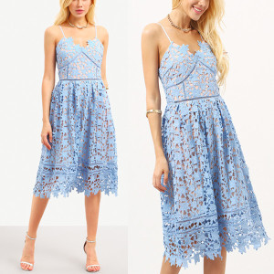 Svijelo plava luksuzna čipkana cami midi haljina