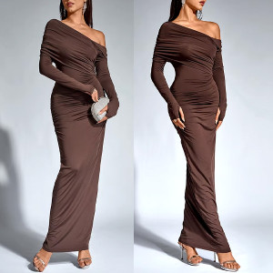 Duga nabrana haljina otvorenih ramena 3 boje