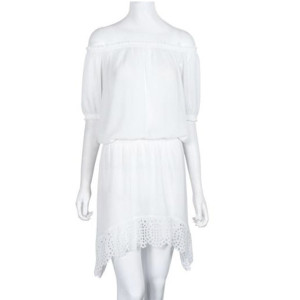 Kratka čipkana plisirana haljina za plažu otvorenih ramena