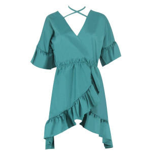 Mini zelena haljina na preklop s volanima