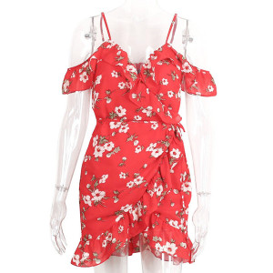 Mini crvena cvjetna haljina otvorenih ramena