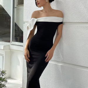 Duga kontrasna svečana haljina s mašnom