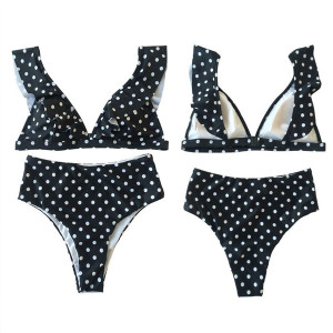 Točkasti kupaći kostim s volanima i gaćicama povišenog struka