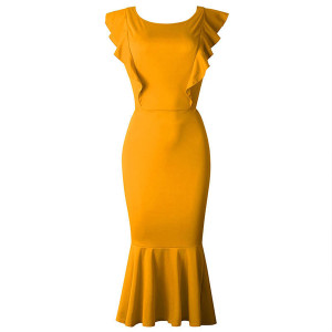 Midi haljina sirena kroja na volane S veličina