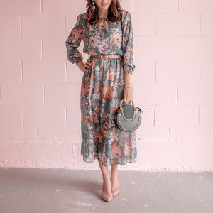 Midi cvjetna haljina dugih rukava s pasicom