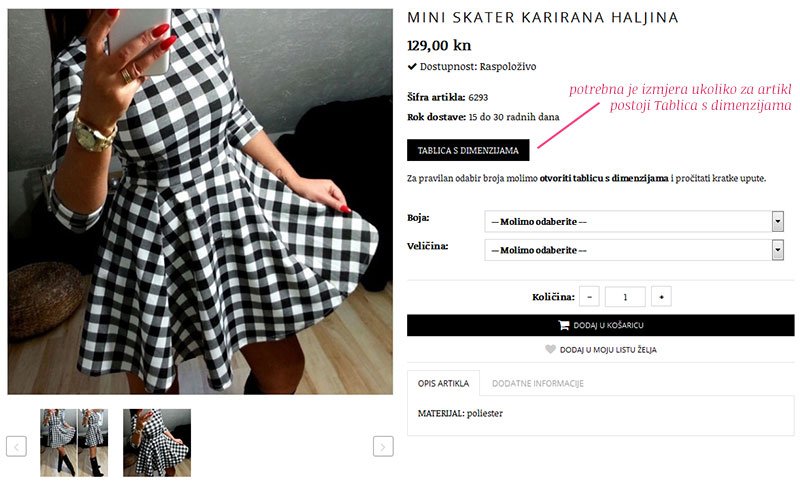 Naručivanje artikla - tablica s dimenzijama